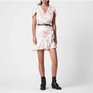 ALLSAINTS Zini Evolution Wrap Dress Floral Butterfly Whimsy Ruffle Sleeve Pink 2